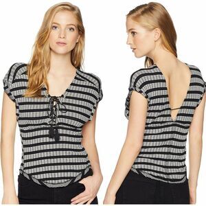 New! FREE PEOPLE Women's Striped Tassel Lace-Up V-Back Top Blouse Size Large